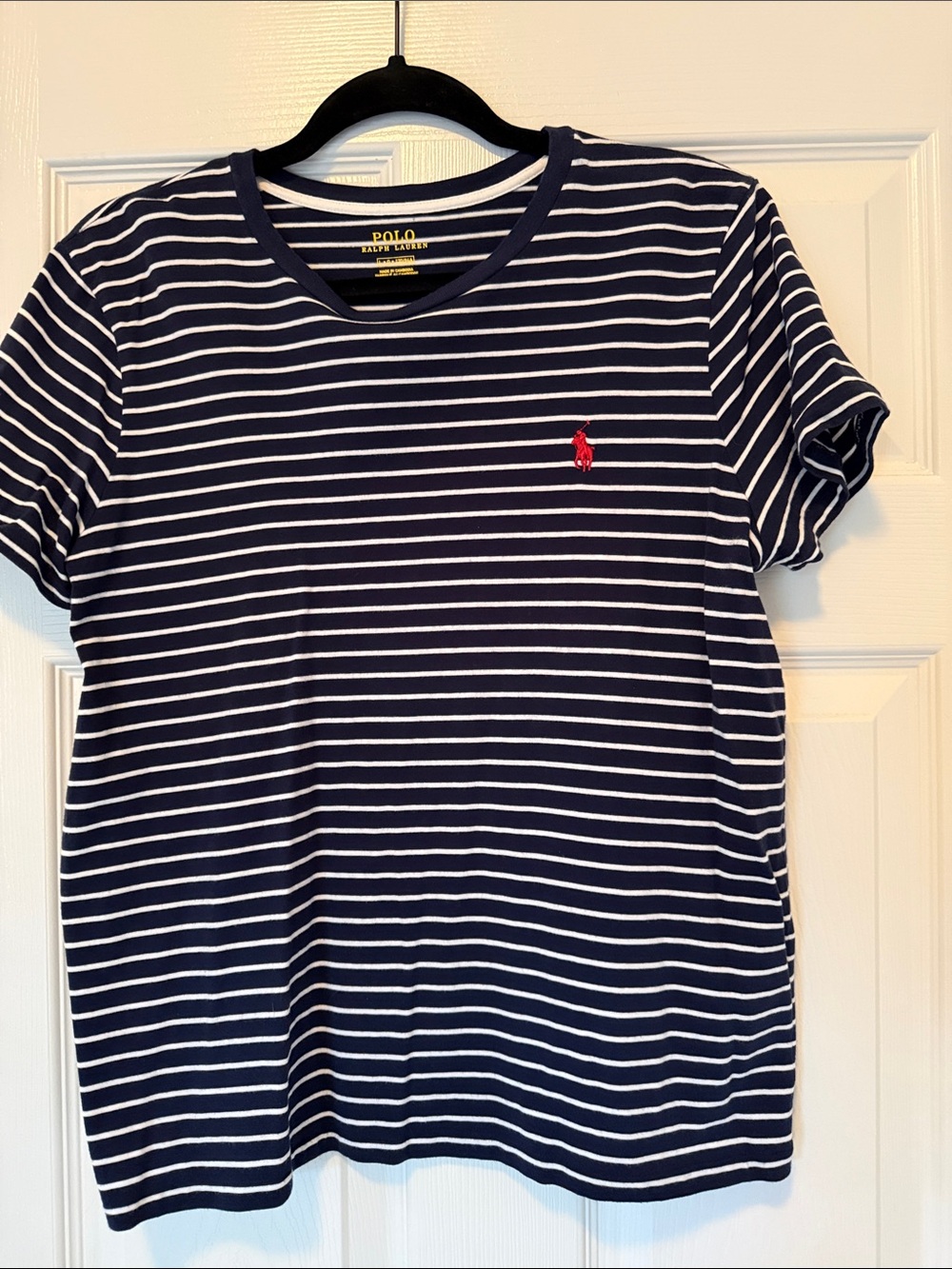 Polo by Ralph Lauren Navy and White Striped Short Sleeve Tee with Red Pony